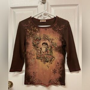 Festive Brown 3/4 Sleeve Tee with Santa Design